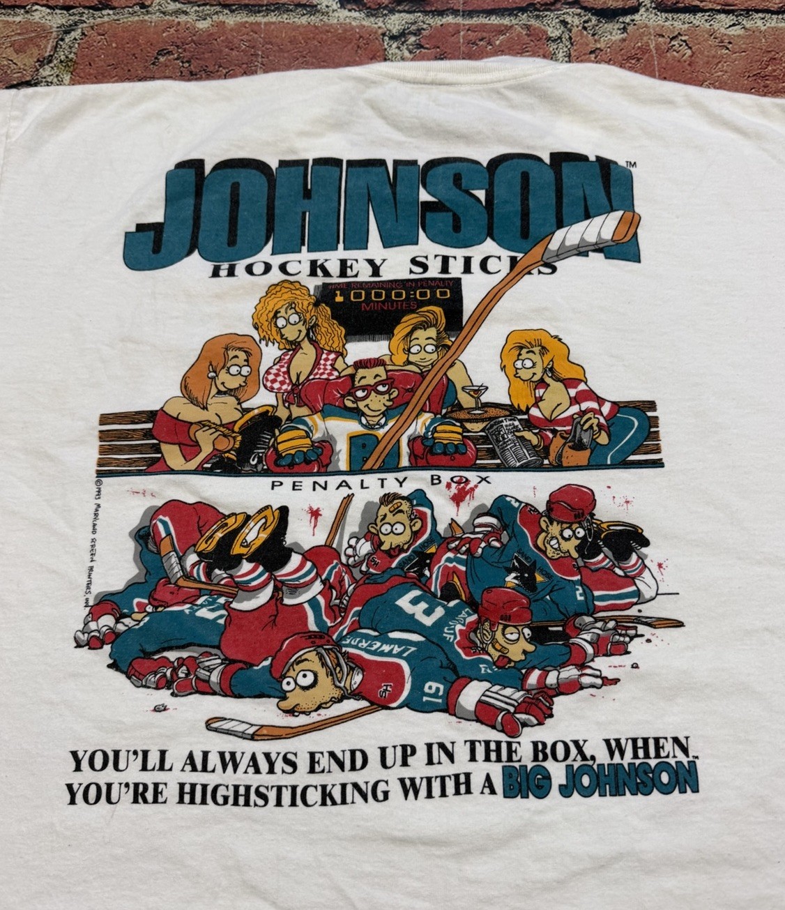 Vintage Big Johnson Hockey Sticks Box T Shirt Single Stitch Funny 90s XL 1993 gallery