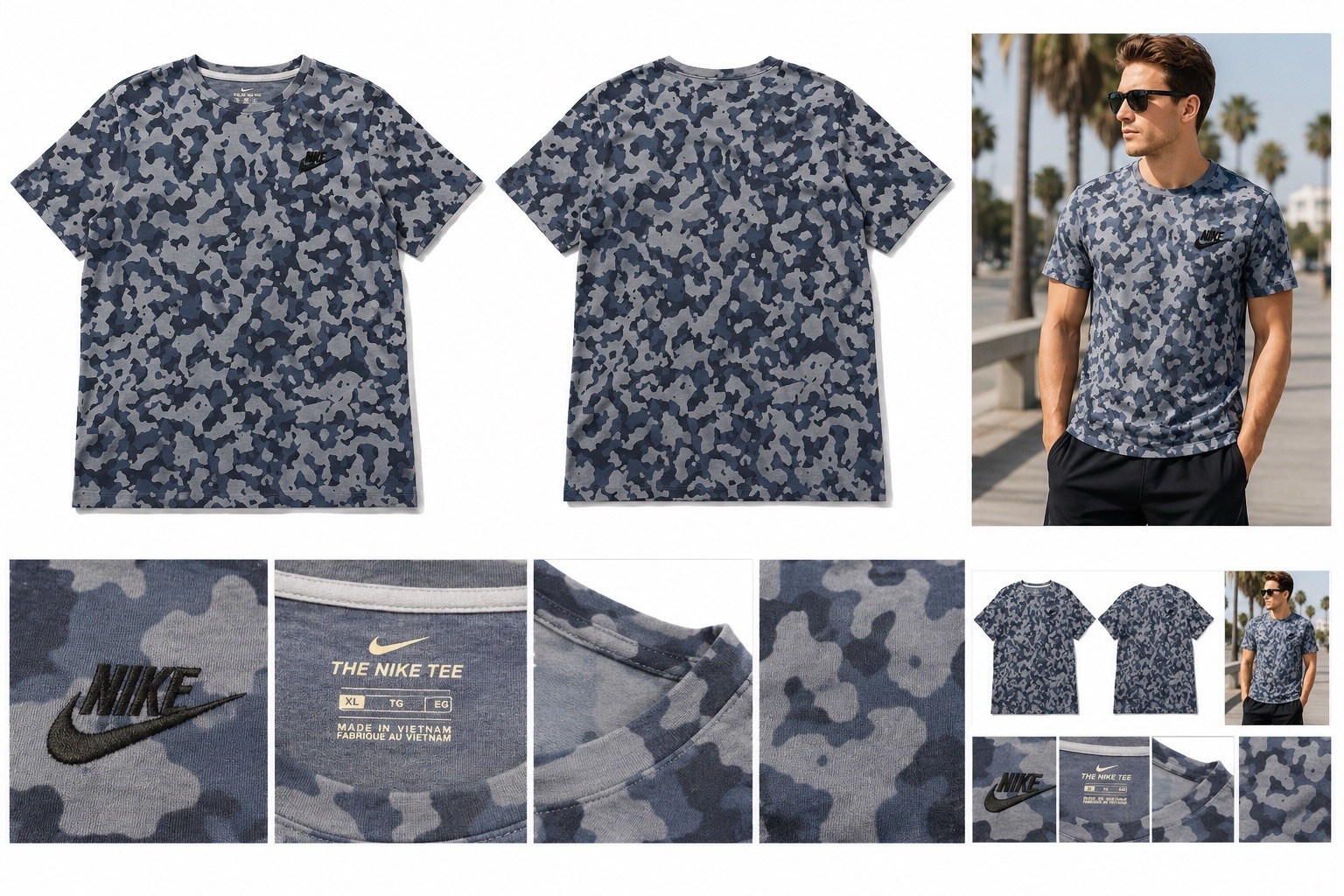 Nike Tee Shirt Mens XL Blue Gray Camo Crew Neck Short Sleeve Casual Logo