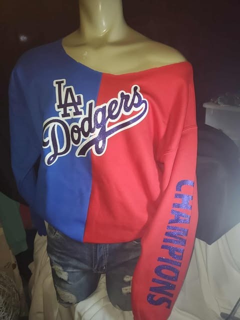 LA Dodgers Baseball World Series raw edge sweatshirt cold shoulder off shoulder