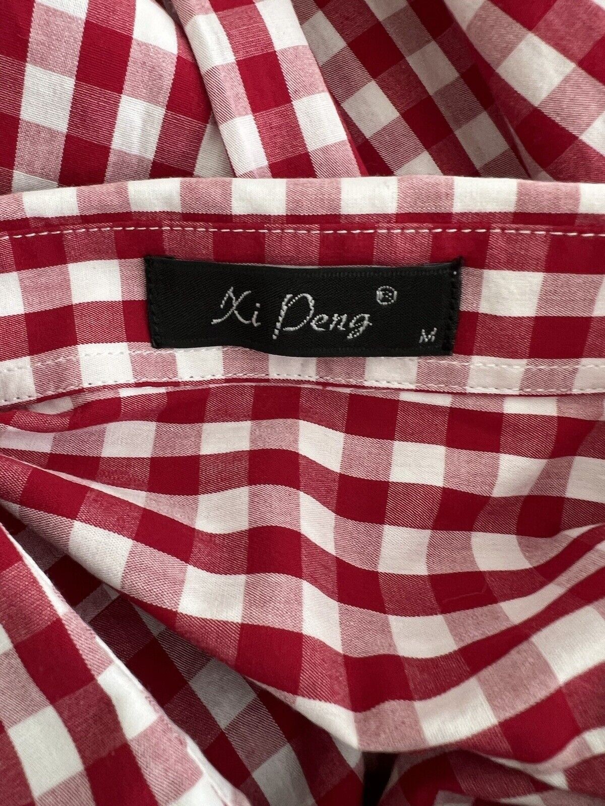 NWOT Xi Deng Men's Long Sleeve Casual Shirt Lightweight Red White Check Size M gallery