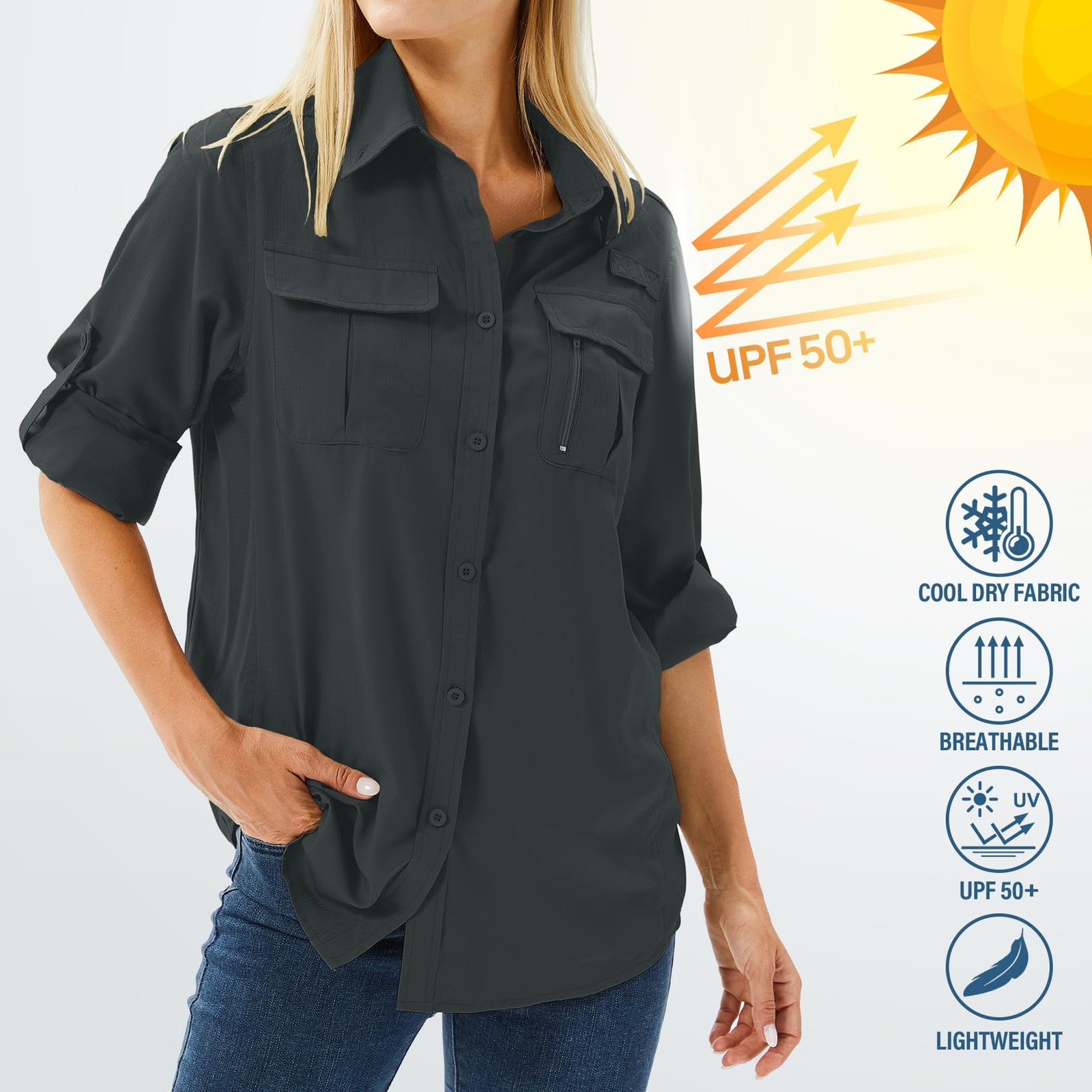 Shirt blouse women UPF 50+ UV protection long sleeve shirt outdoor hiking shirt safari dress... gallery