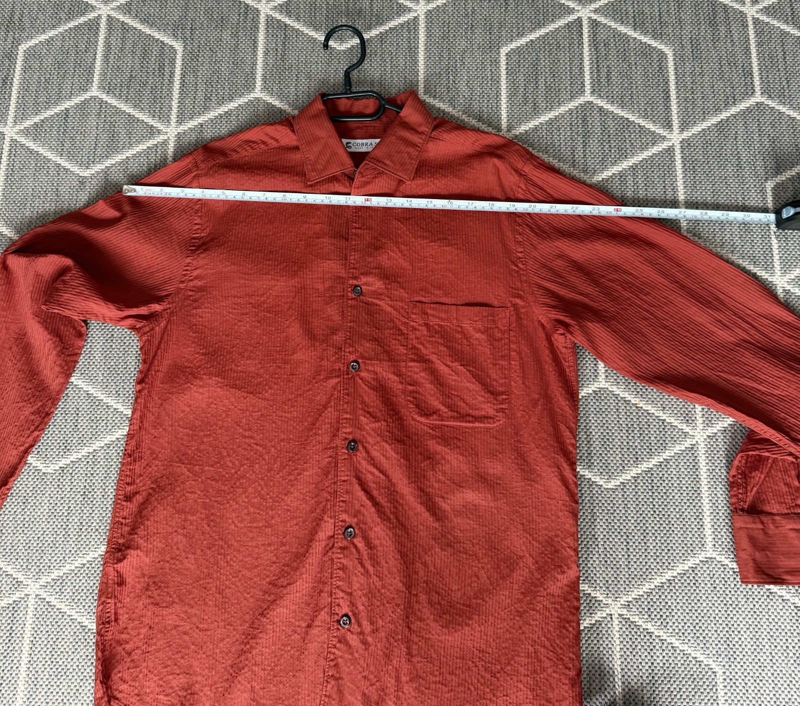 COBRA S.C. Men's Rust Red Textured 100% Cotton Long Sleeve Shirt – Made in Italy gallery