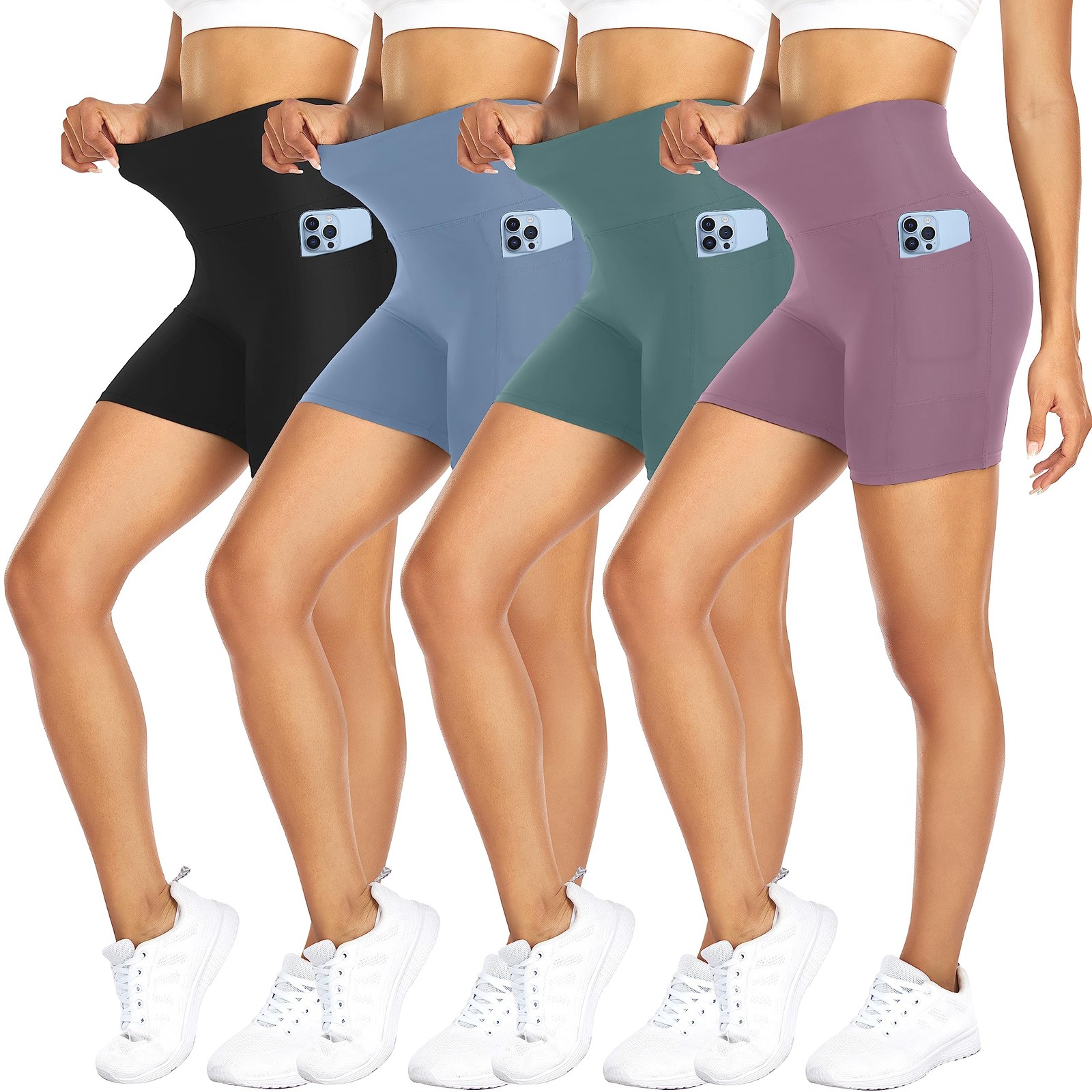 4 Pack Biker Shorts for Women – 5″ High Waist Tummy Control Workout Yoga Runn…