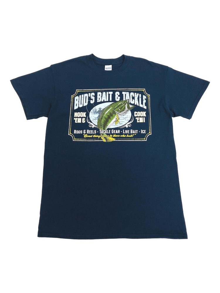 Mens Blue Bud’s Bait & Tackle Hook Cook Bass Fish T-Shirt Graphic Tee Medium