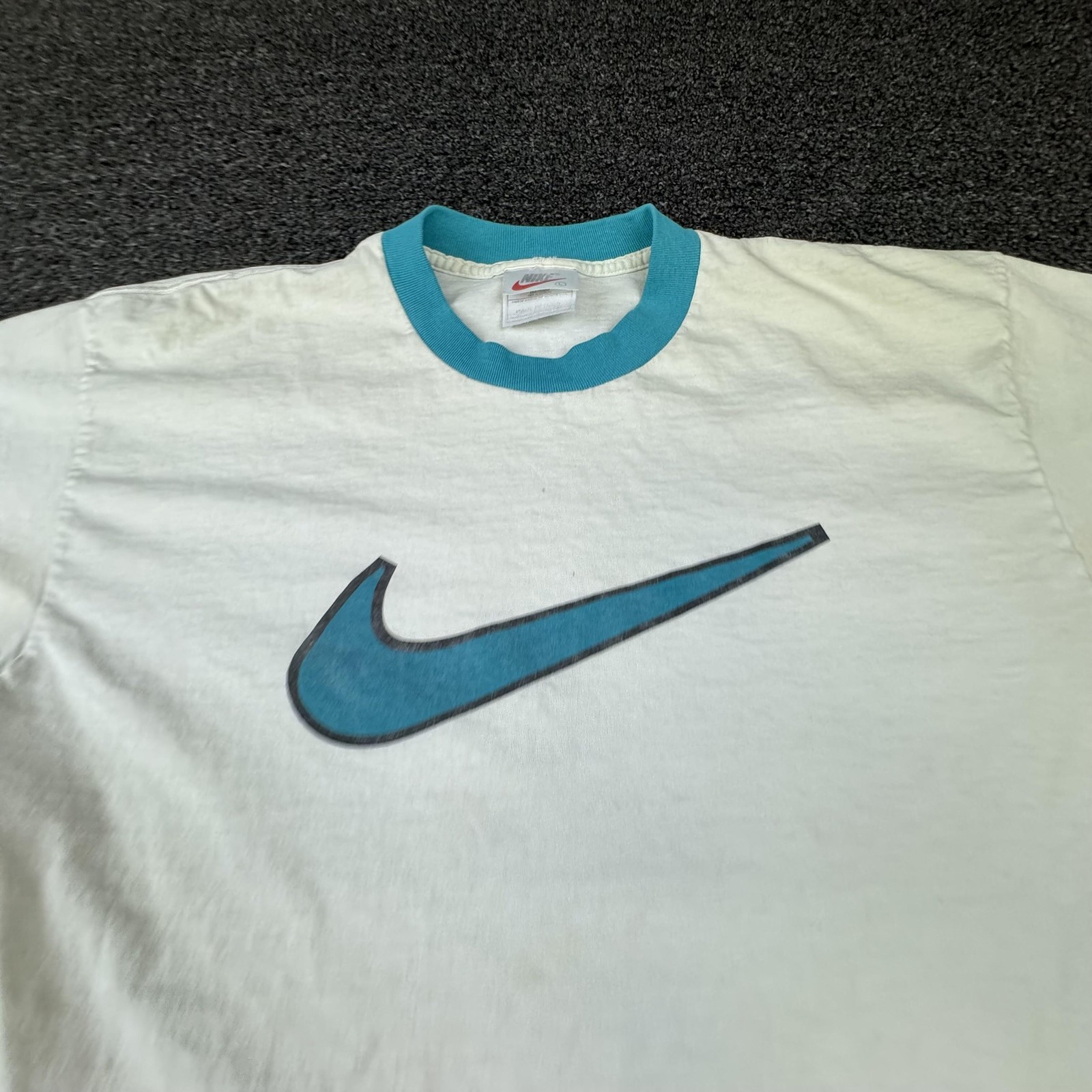 Vintage Nike Logo Shirt Mens Large White Teal Graphic Swoosh Ringer 80s 90s gallery