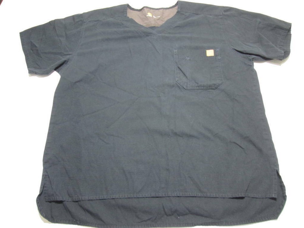 Carhartt Mens Size L V-Neck Shirt Black Pleated Chest Pocket Logo Print Casual