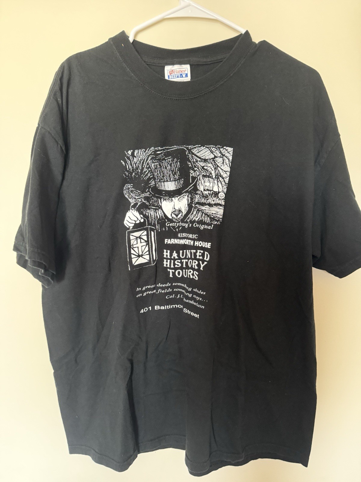 Hanes Beefy-T Black Cotton Haunted History Graphic Tee Crew Neck XL
