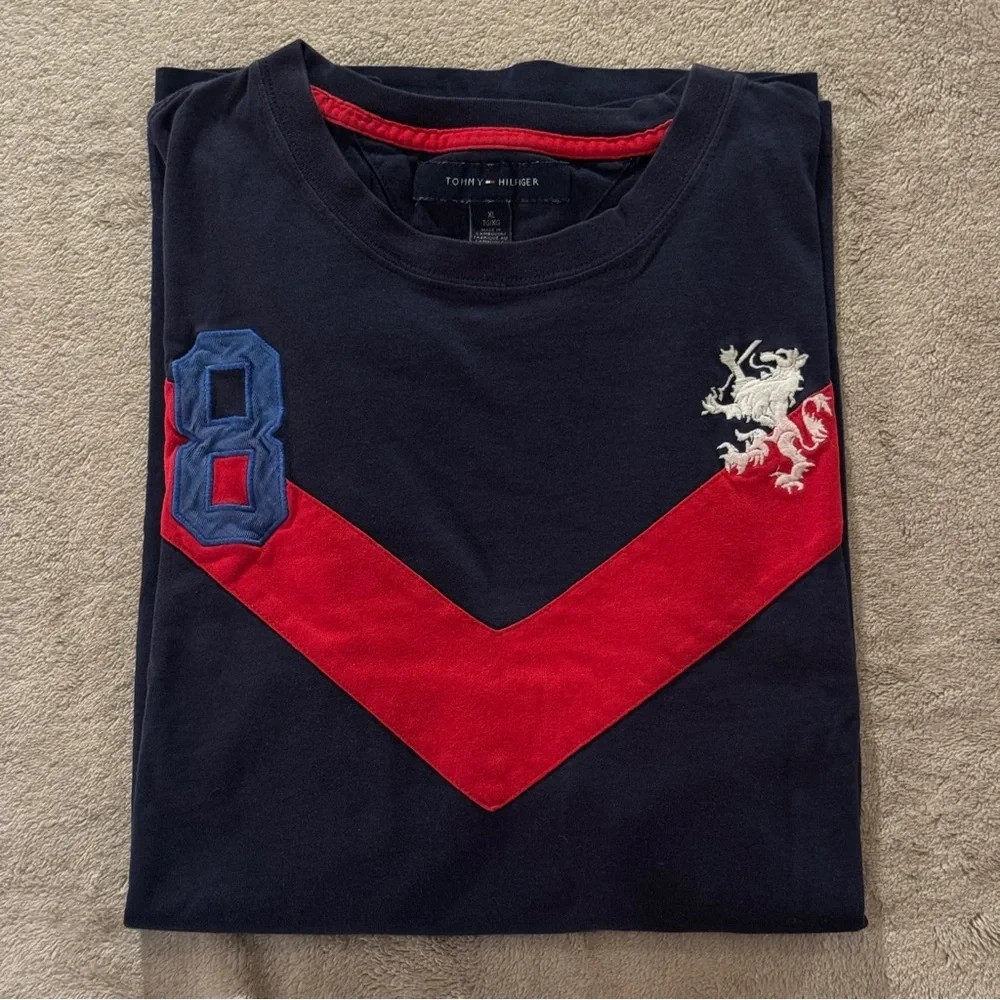 Unique Y2K Tommy Hilfiger Navy Tee Red Chevron Stripe Embroidered Lion Jersey 8 gallery