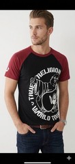 $79 TRUE RELIGION Black Red PART BUDDHA Short Sleeve Designer Raglan T-shirt NWT
