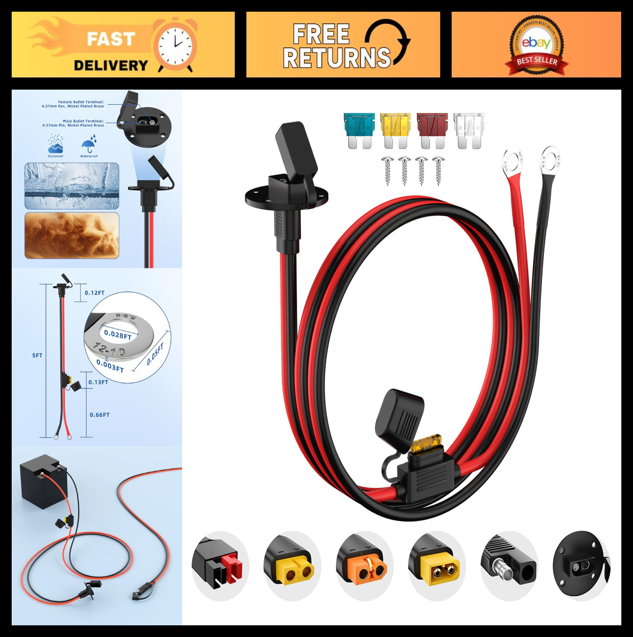 12AWG SAE Power Socket Extension Cable 5FT with O Ring & Fuses for Solar Generat