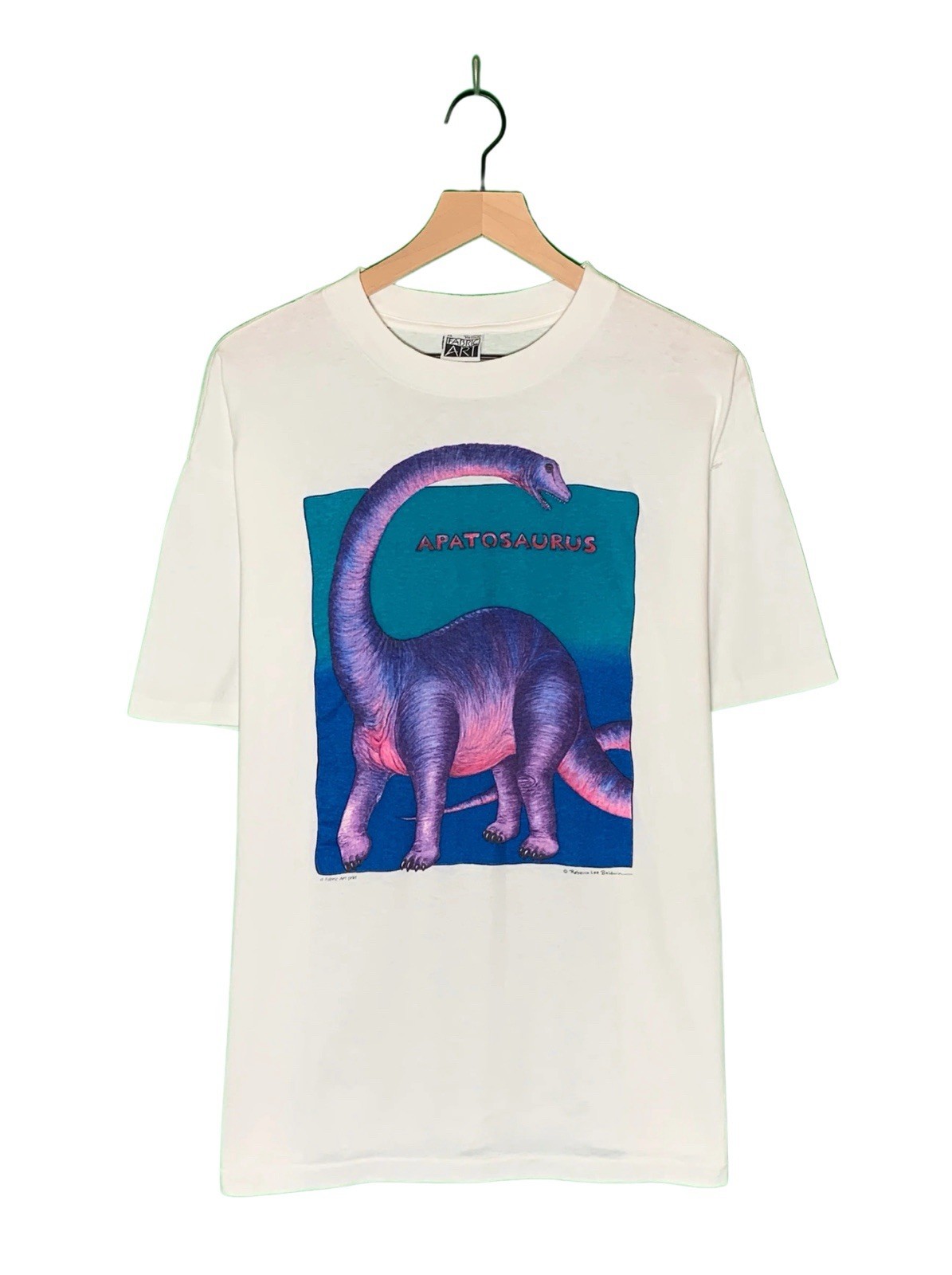 Vtg Fabric Art White Single Stitch Dinosaur Apatosaurus Nature USA Made XL