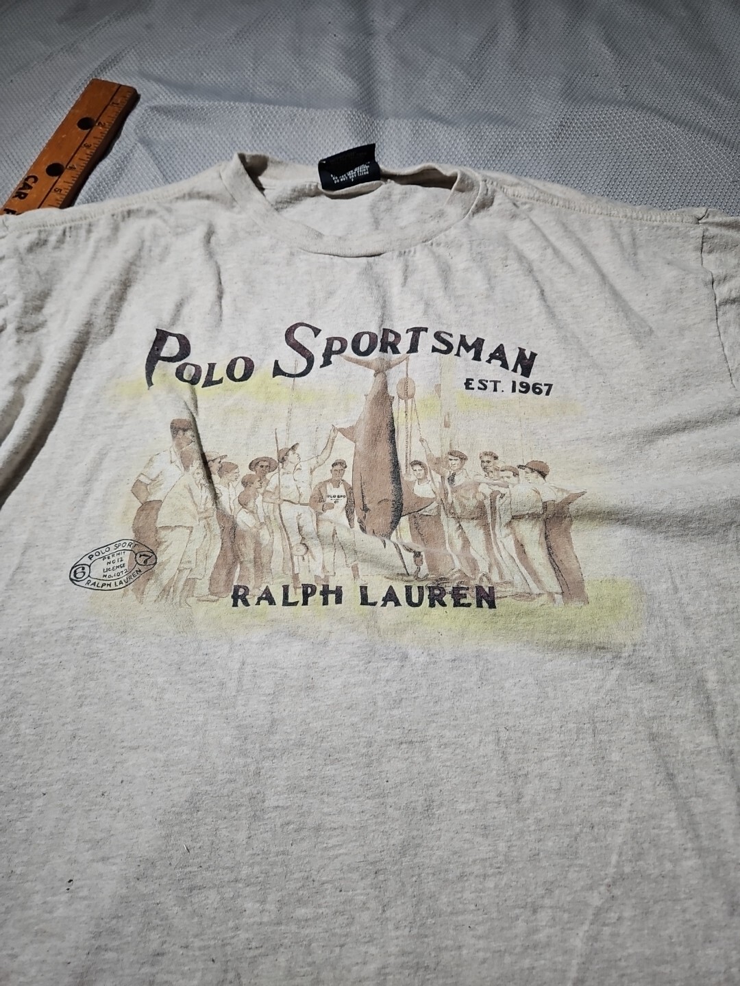 Vtg Polo Sport Shirt Mens Large Beige Sportsman Fishing Preppy Graphic Tee Y2k gallery