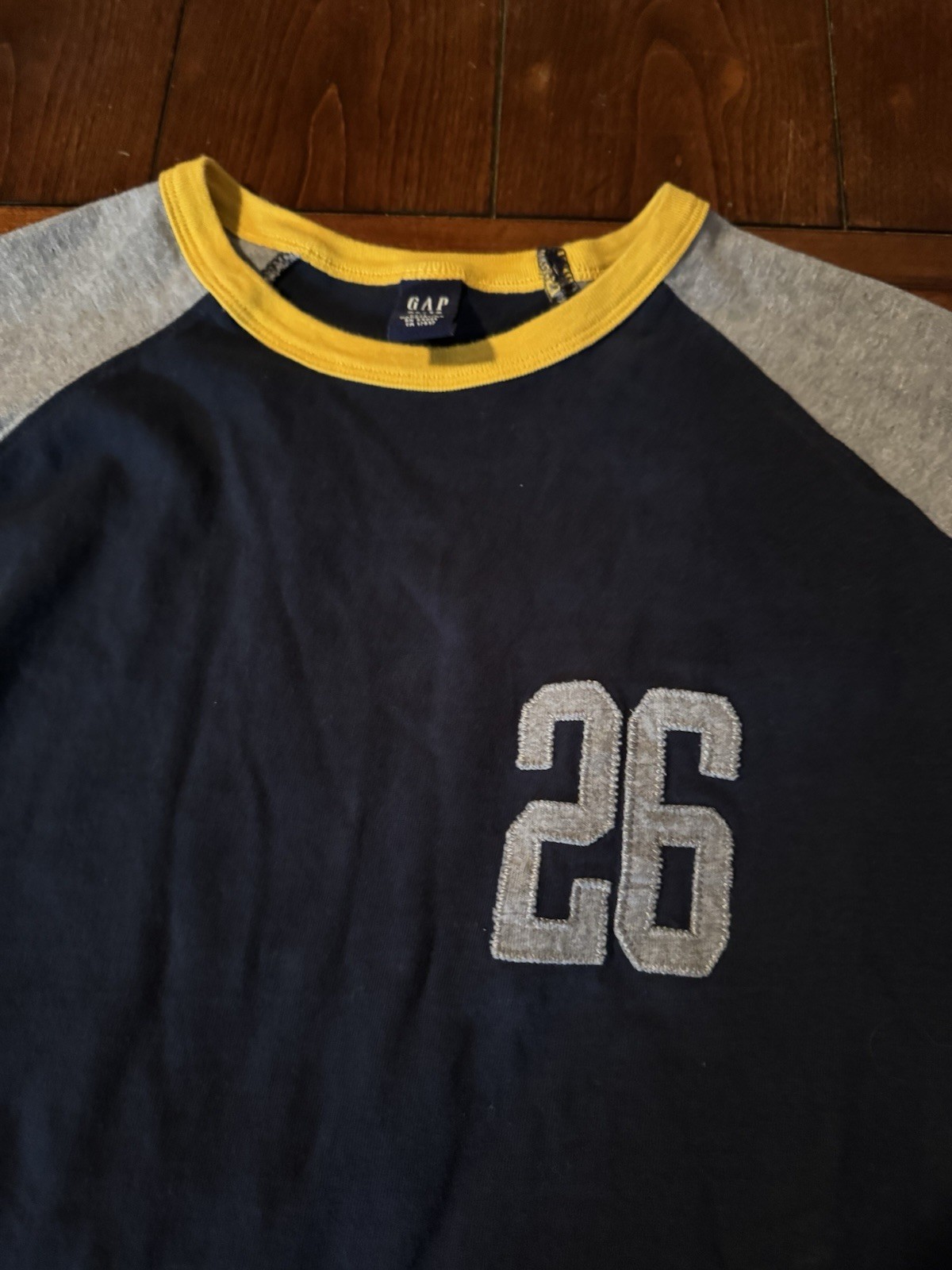 Vintage 2003 GAP Rugby T-shirt XL Navy Gray 26 Patch Raglan Americana Blokecore gallery