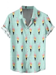 Mens Button Down Ice Cream Pop Graphic Hawaiian Top Novelty Holiday Gift Shirt
