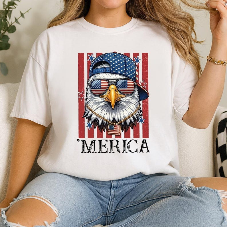 Funny Merica Eagle Shirt Patriotic USA Flag Independence Day Graphic Tee