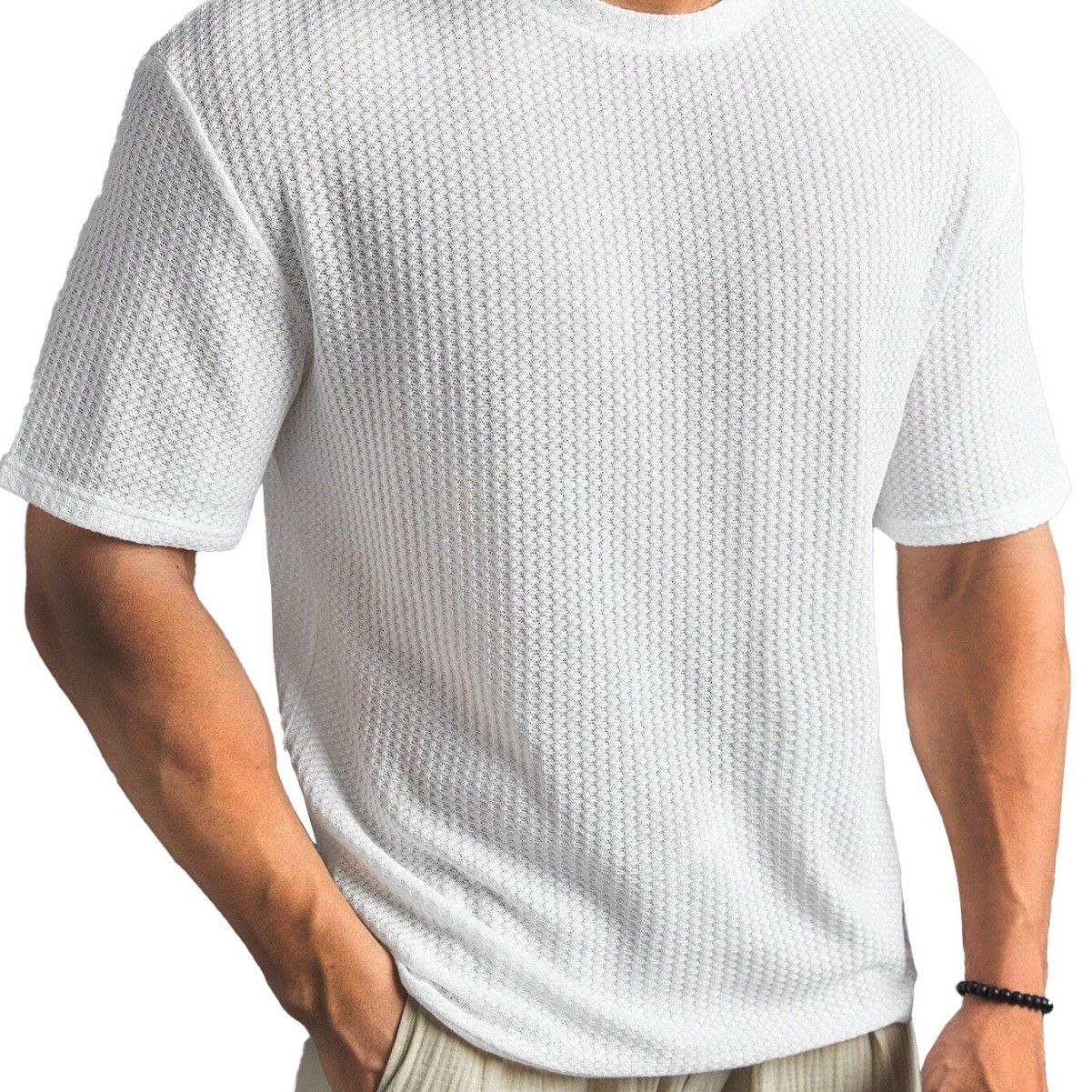 Mens Summer T Shirt Casual Ribbed Crew Neck Short Sleeve Solid Color Tee Top gallery
