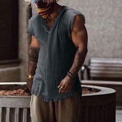 Men Vest Solid Color Casual Leisure Individual Old Style Loose Type Ripped Edge