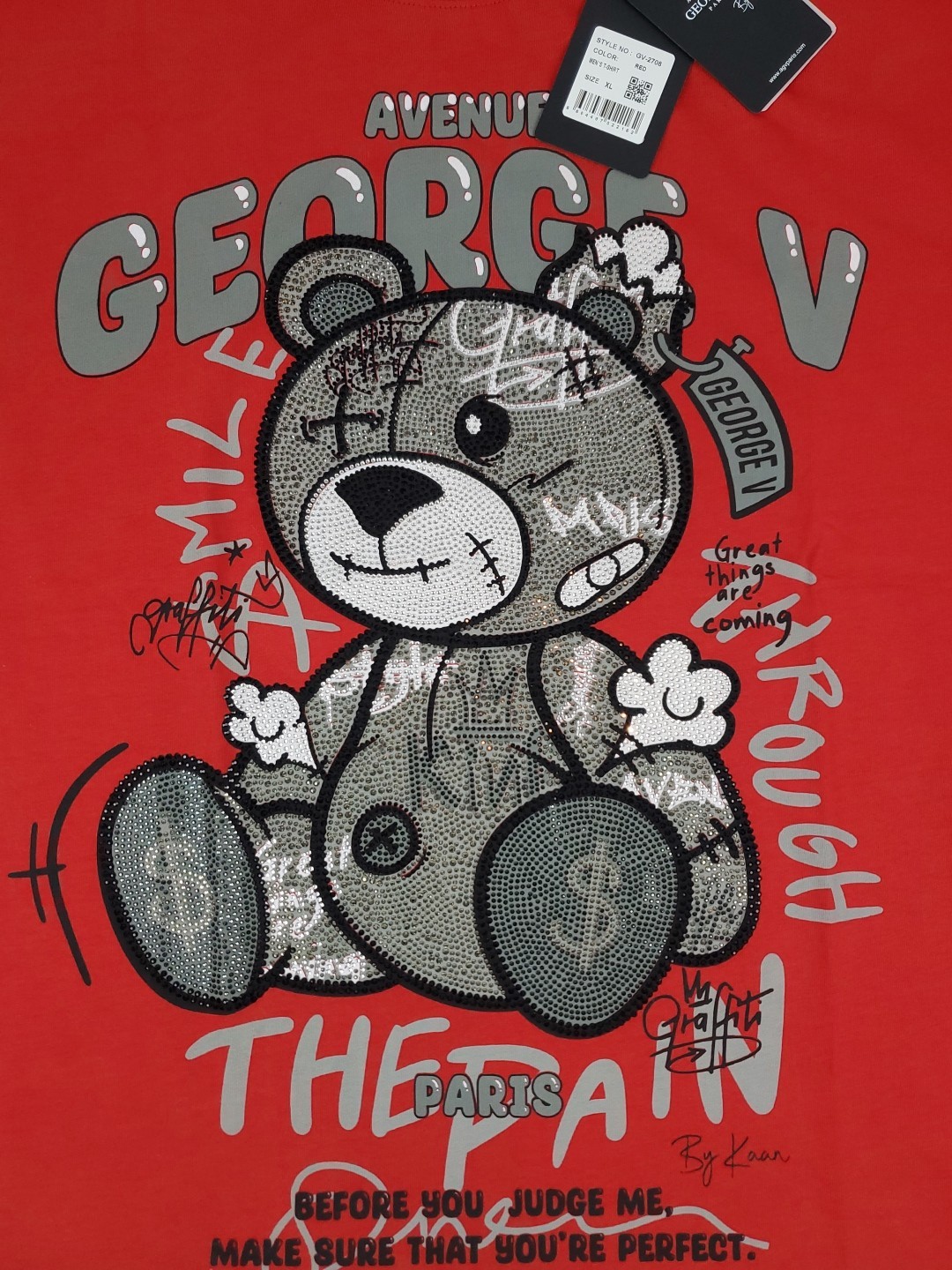 NWT Men's Avenue George V Paris Red Teddy Bear Rhinestone T Shirt Size XL gallery