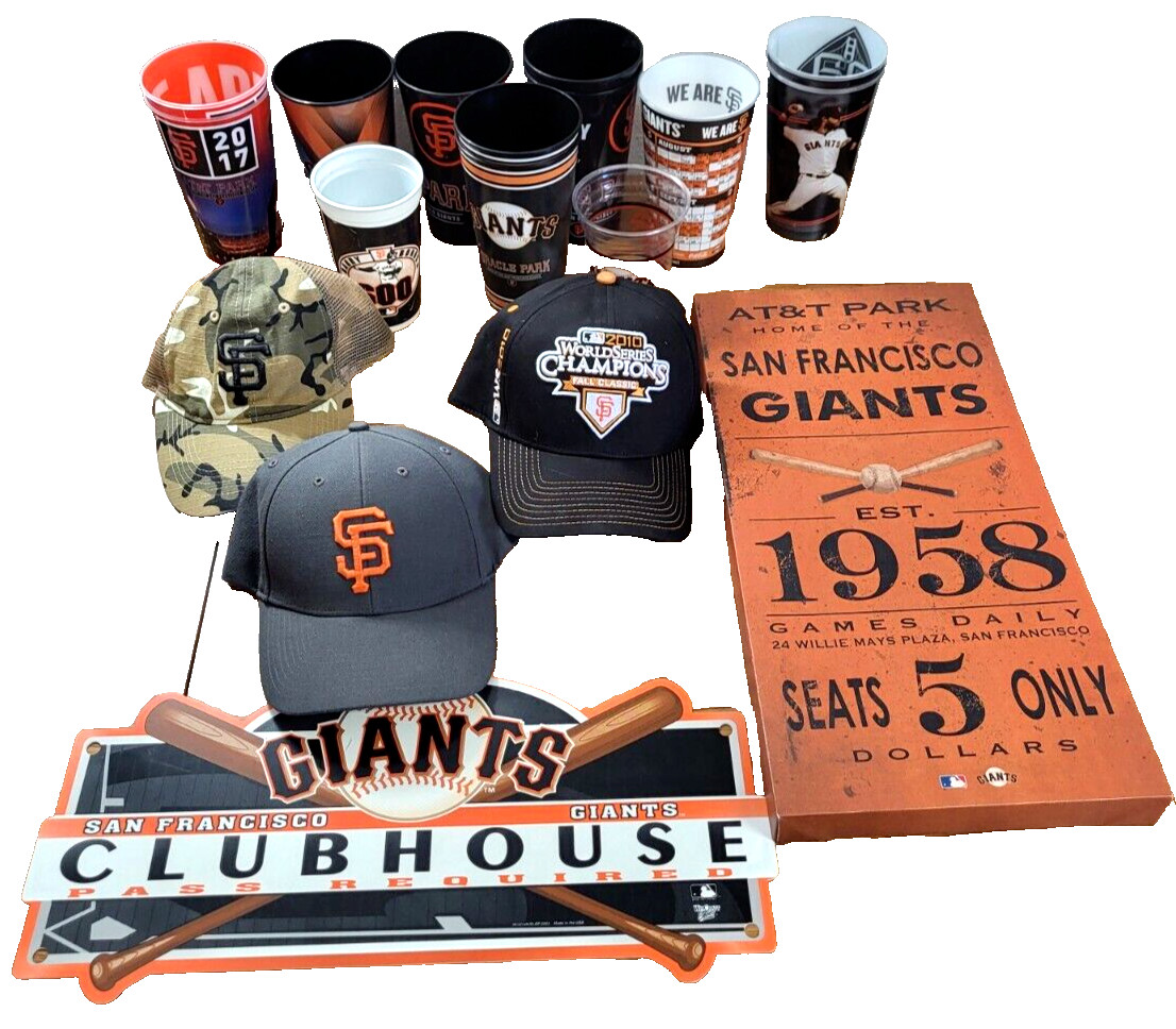 Lot of 18 San Francisco Giants Items 3 Hat, 13 Cups 2 Signs 2010 2017 2019 AT&T gallery