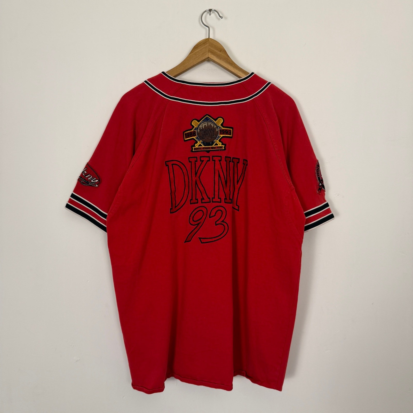 Vintage 90s DKNY Patchwork Baseball Jersey Button Up Shirt Streetwear Sportswear gallery
