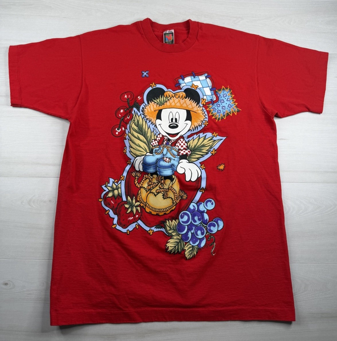 Vtg Disney Mickey Mouse Tee T Shirt Red Farmer Mickey Jerry Leigh USA Made OSFA gallery