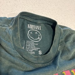 Official Nirvana Smiley Face Distressed Band Tee Shirt Green Size Small