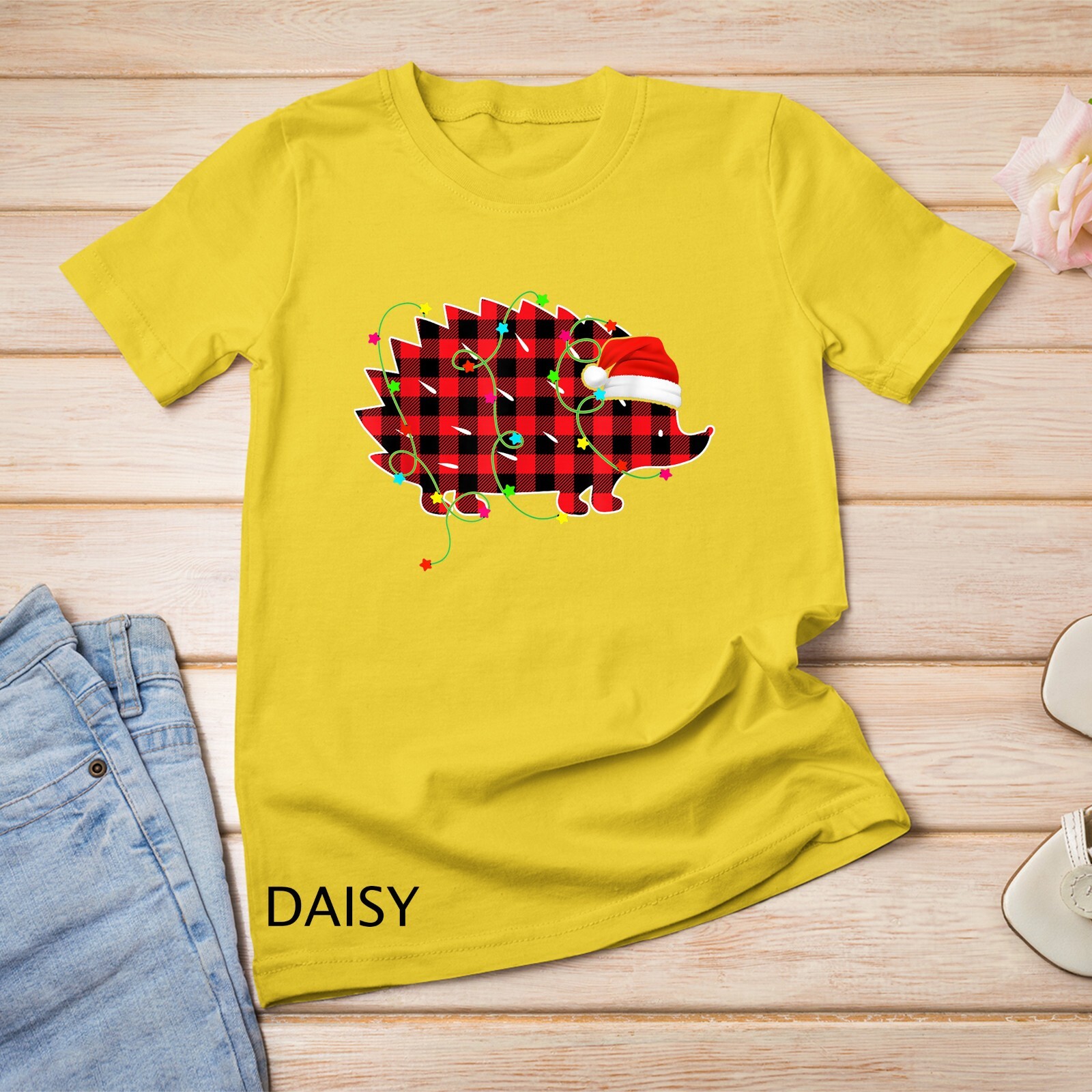Funny Hedgehog Christmas Tree Red Plaid Xmas Animals Lover Unisex T-shirt gallery