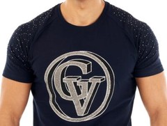 Avenue George V Paris Short Sleeves Navy Men’s T-shirt Silver Rhinestone GV-logo