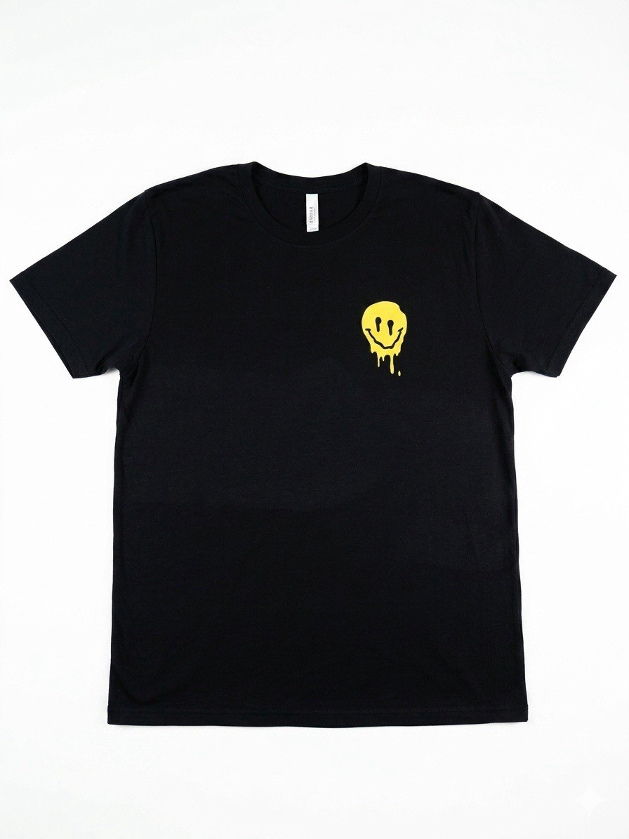 Black Drip Smiley Face Graphic T-Shirt Men’s Size Large Short Sleeve Casual Tee
