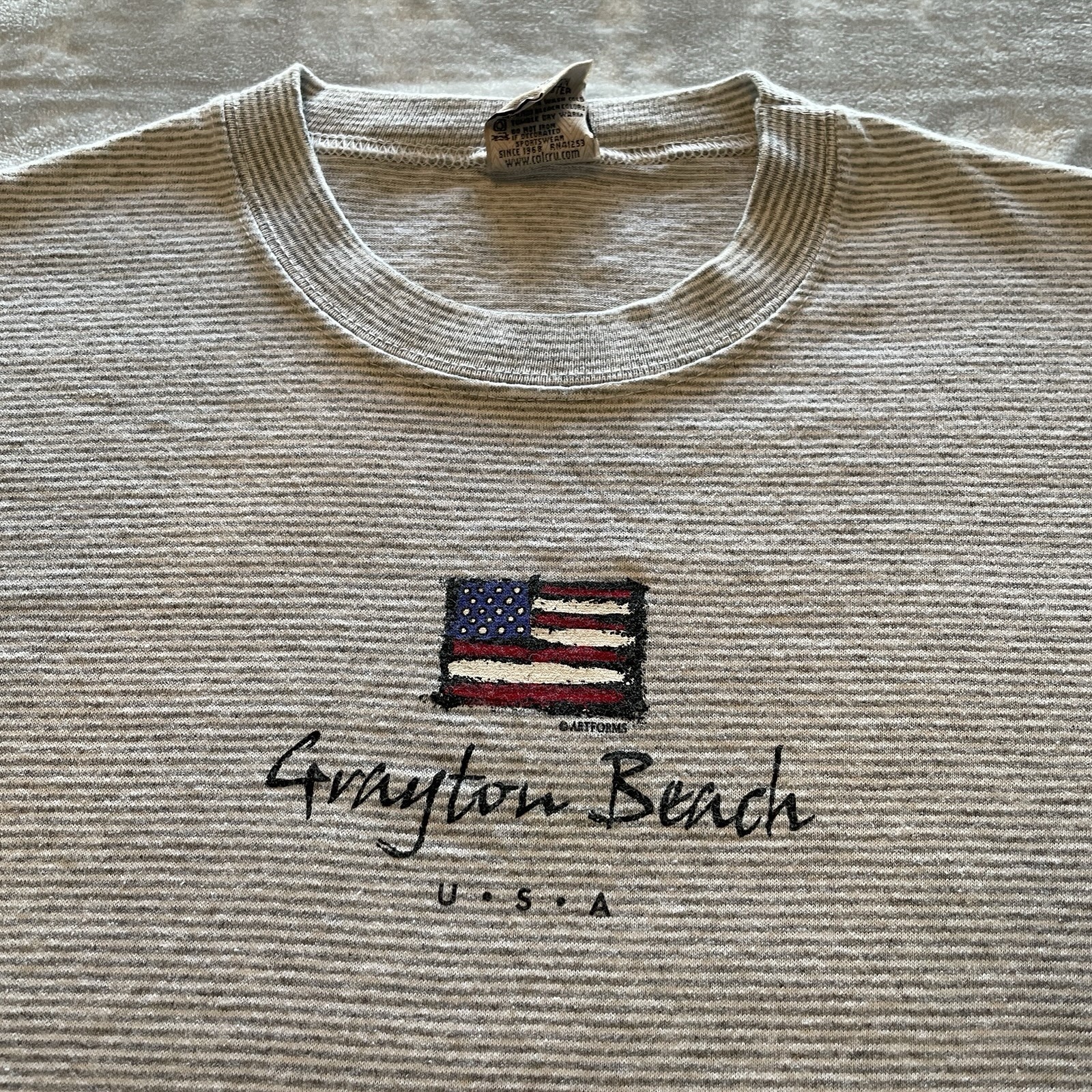 Vintage 90s Single Stitch T-Shirt Mens Small Gray Striped Grayton Beach USA Made gallery