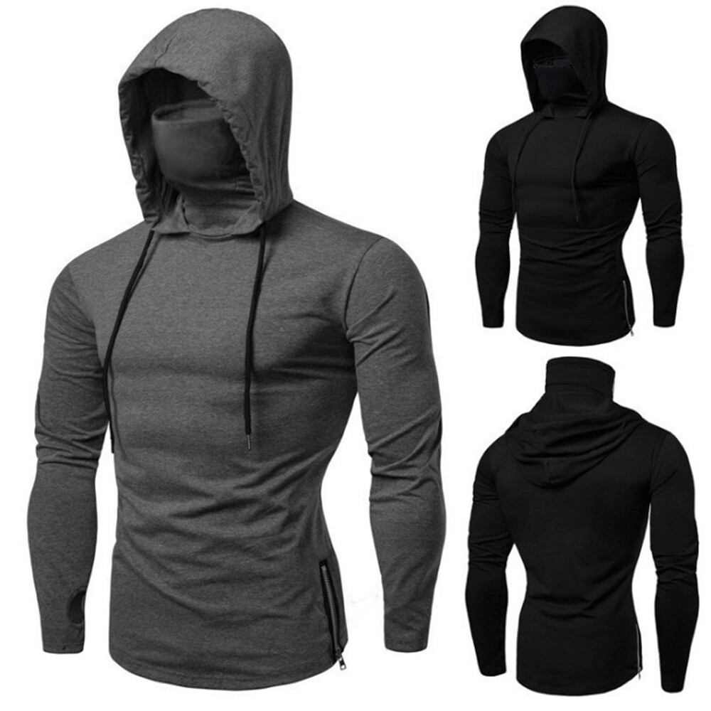 Mens Long Sleeve Hooded T-shirt Fitness Gym High Neck Stretch Shirt Hoodie gallery