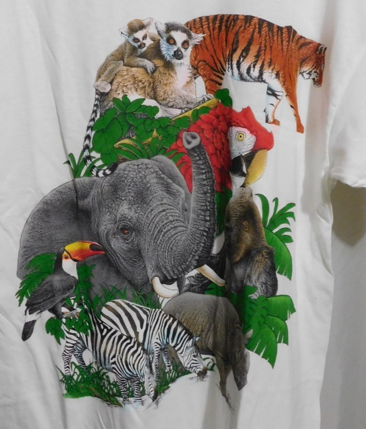 Habitat T-Shirt Zoo Collage graphic Print 40" Chest NOS White Vintage 1990 USA gallery