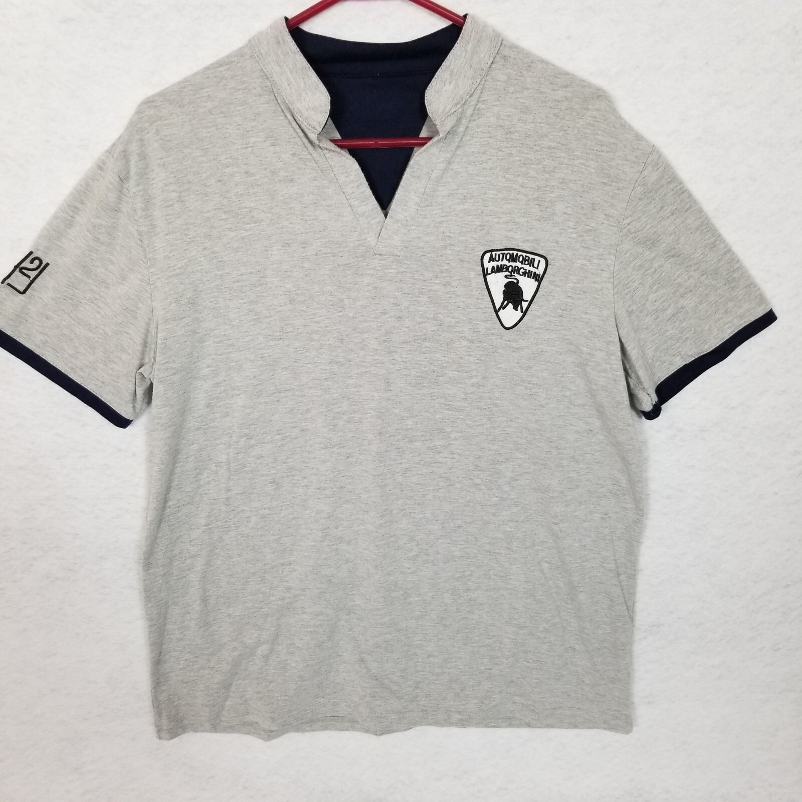 AUTOMOBILI LAMBORGHINI H2J V-Neck Embroidered Logo Banded Collar Shirt Gray