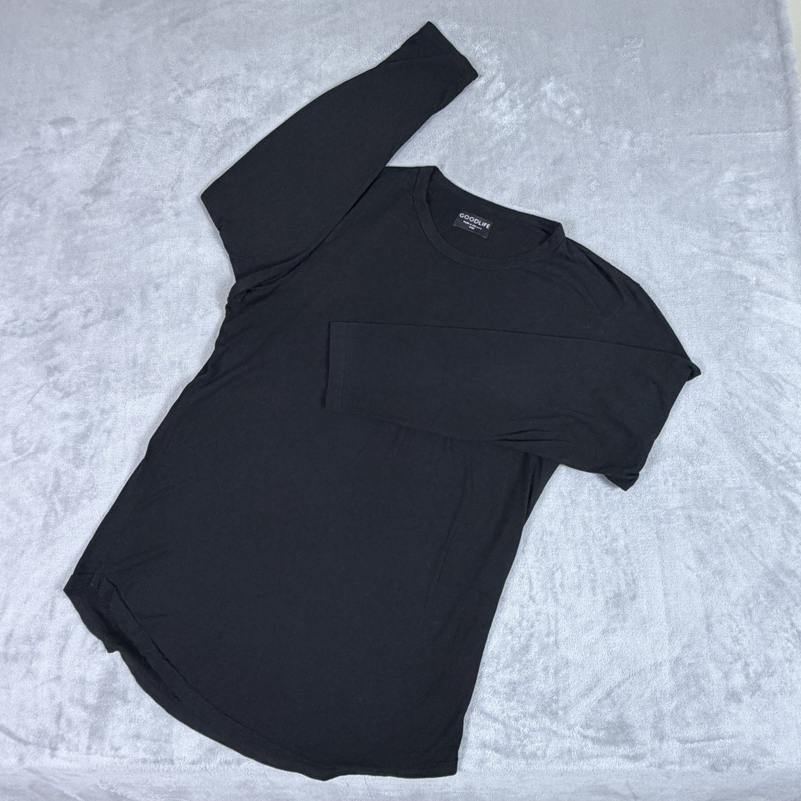 Goodlife Men L Long Sleeve Supima Cotton MicroModal Scallop Crew Shirt Black