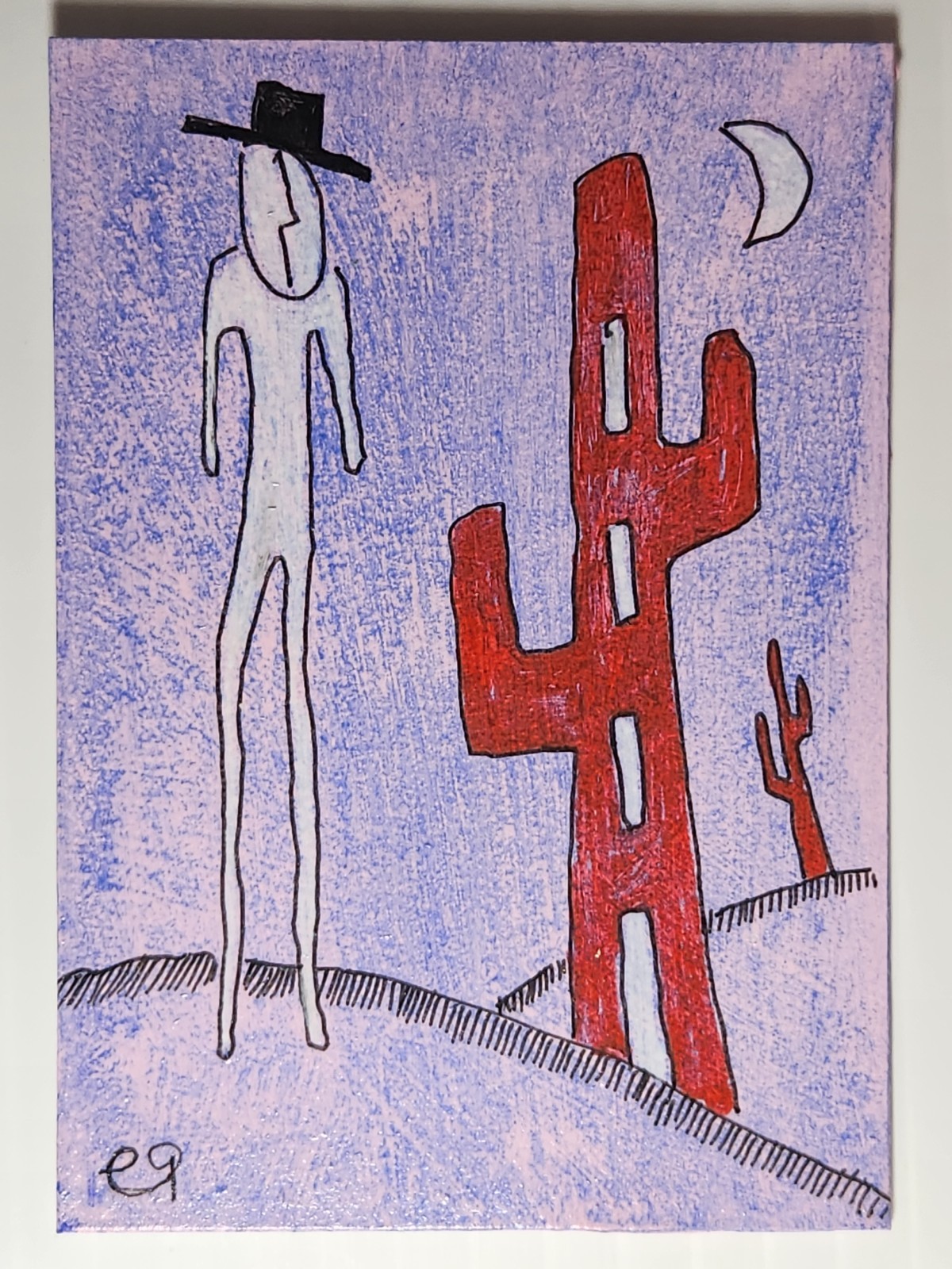 e9Art ACEO tall man with cactus home outsider art brut naive