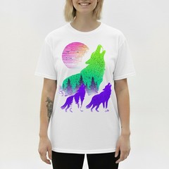 Wolves Howling Moon Forest Silhouette Neon Synthwave Retro Graphic Tee