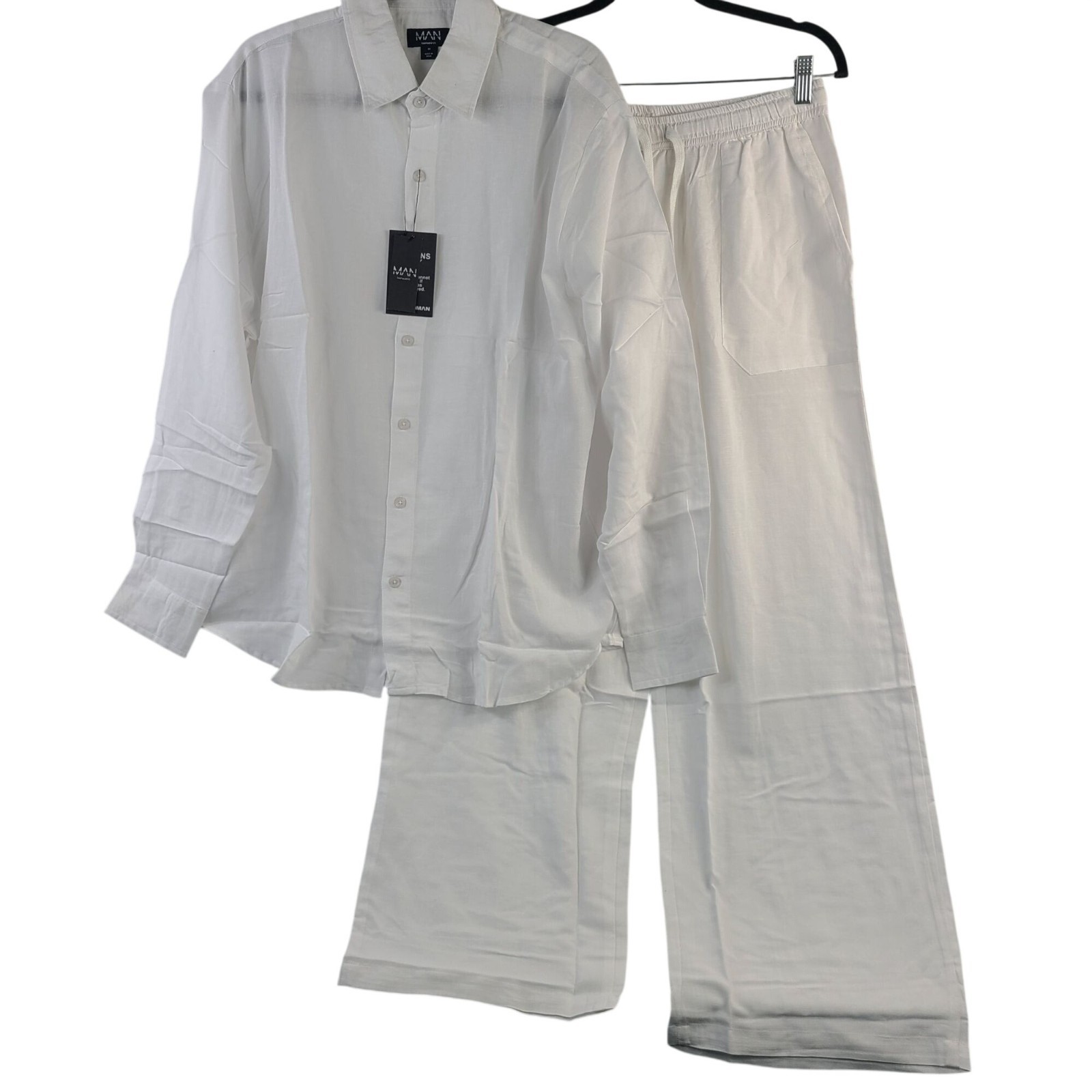 NEW BoohooMAN Super Oversized Linen Blend Shirt & Baggy Trousers White Sz M gallery
