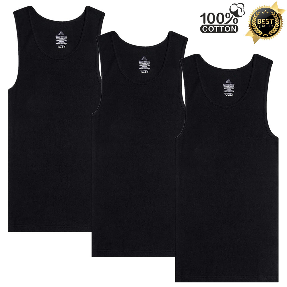 3 Packs Mens 100% Cotton Tank Top A-Shirt Wife Beater Undershirt Ribbed Black gallery