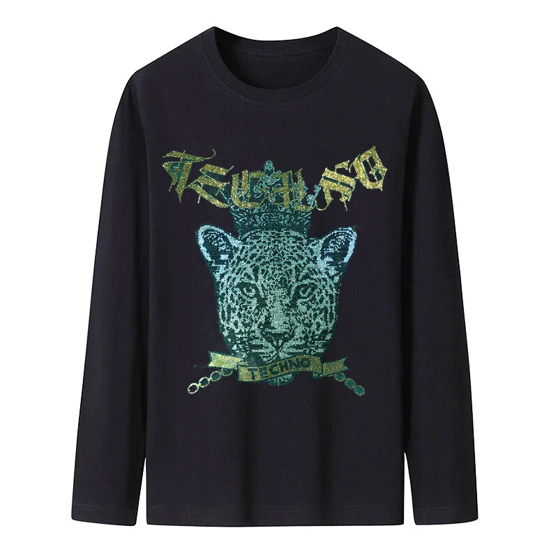 Fashion Leopard Rhinestones Diamond Long Sleeve Luxury Men Trend Cotton T-Shirt