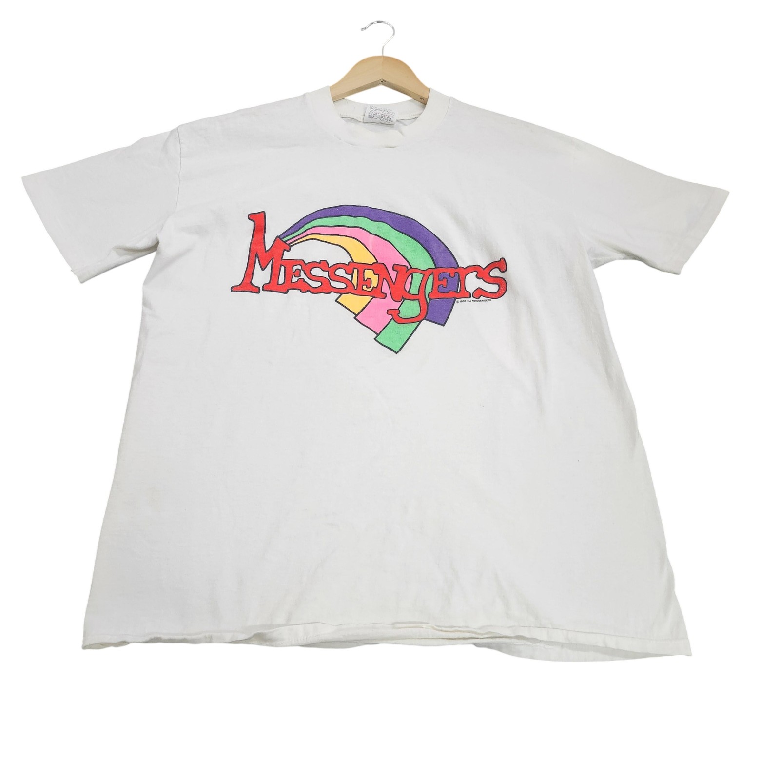 Vintage Stedman Shirt Mens XL White Messengers Rainbow Graphic Tee 1987 USA