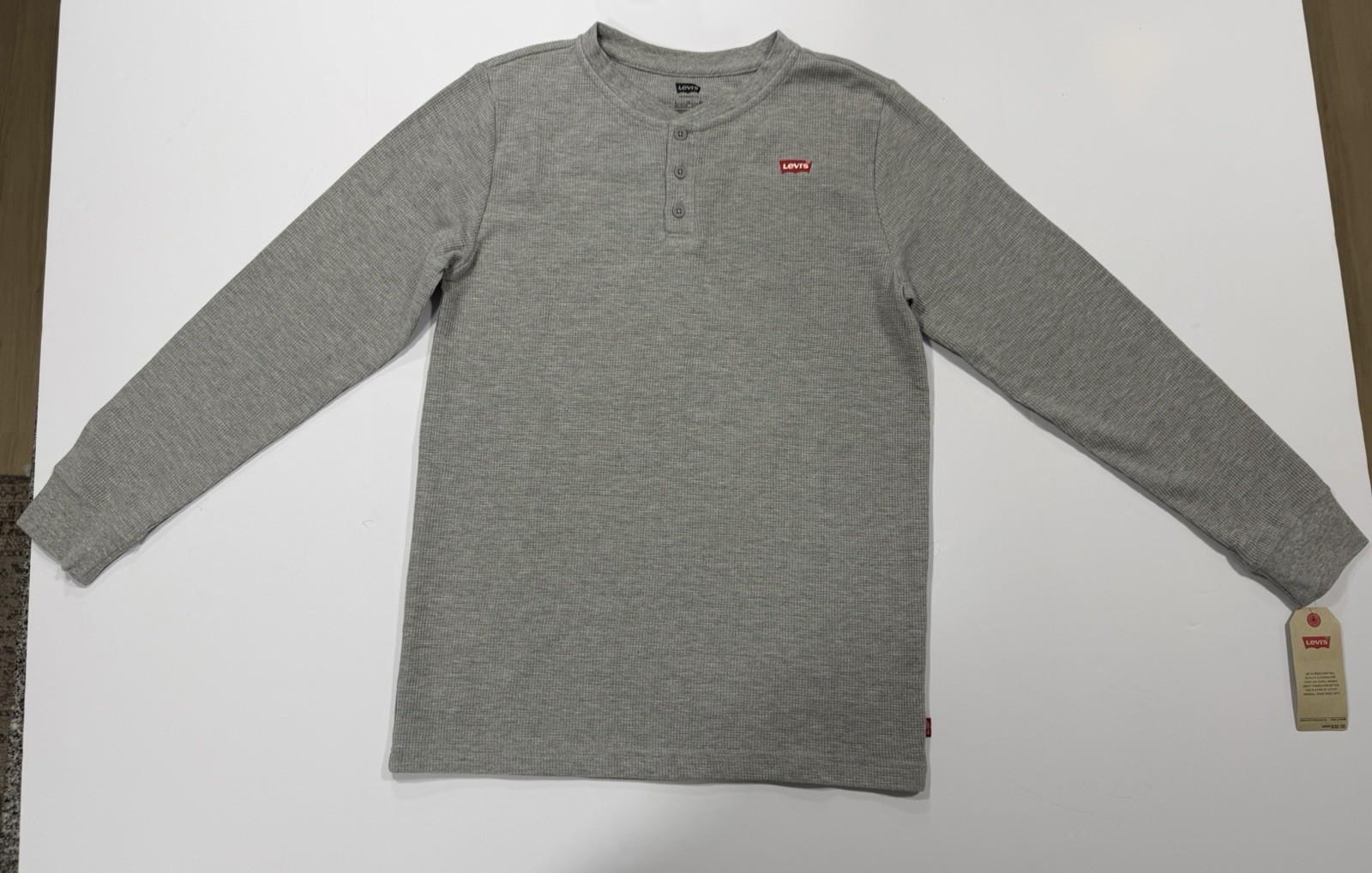 Levi's Men’s Gray Waffle Knit Henley Long Sleeve T-Shirt Logo Buttons XL gallery