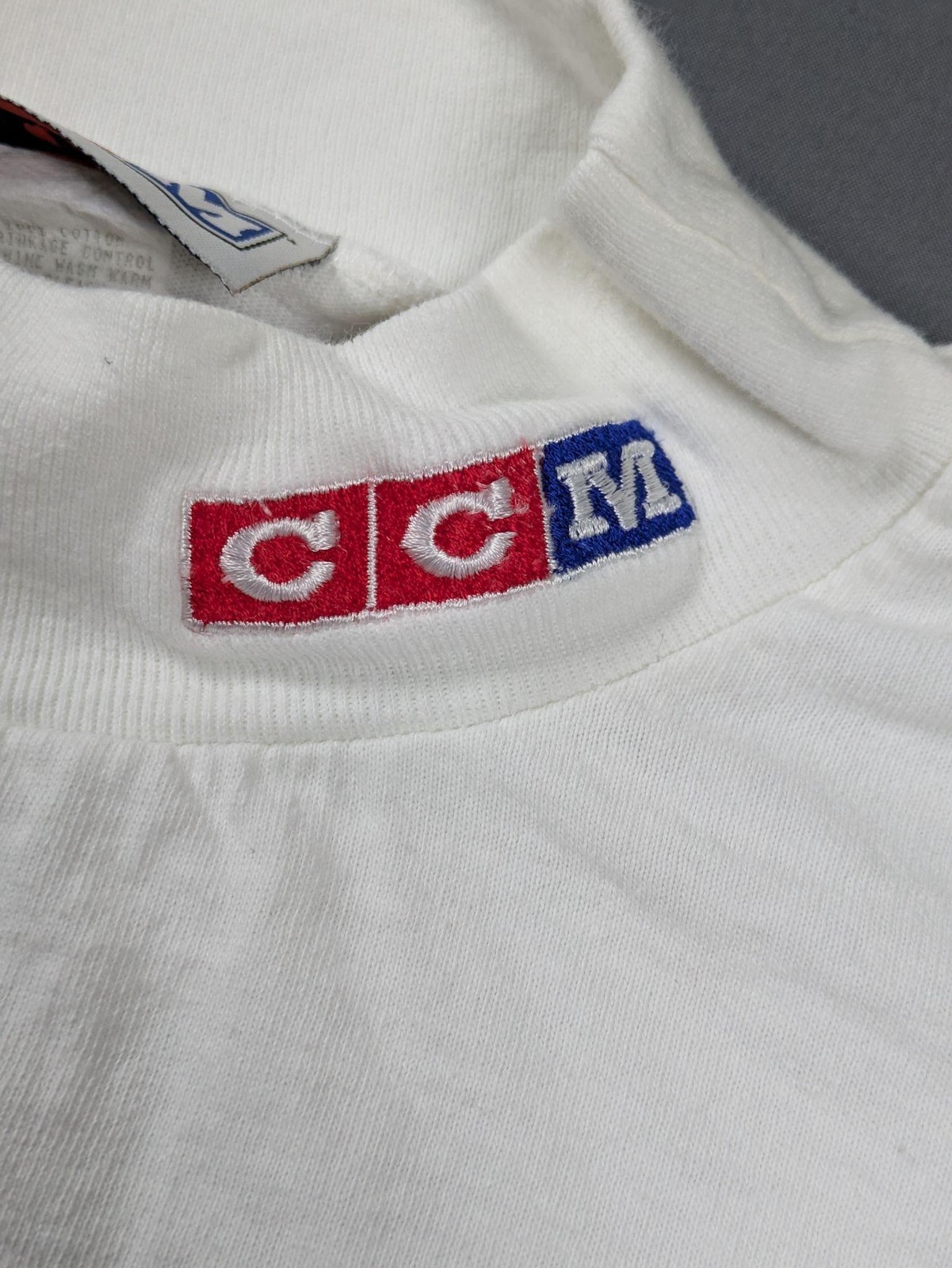 Vintage CCM Mock Neck Shirt Mens Lg White Long Sleeve Hockey Base Layer Made USA gallery