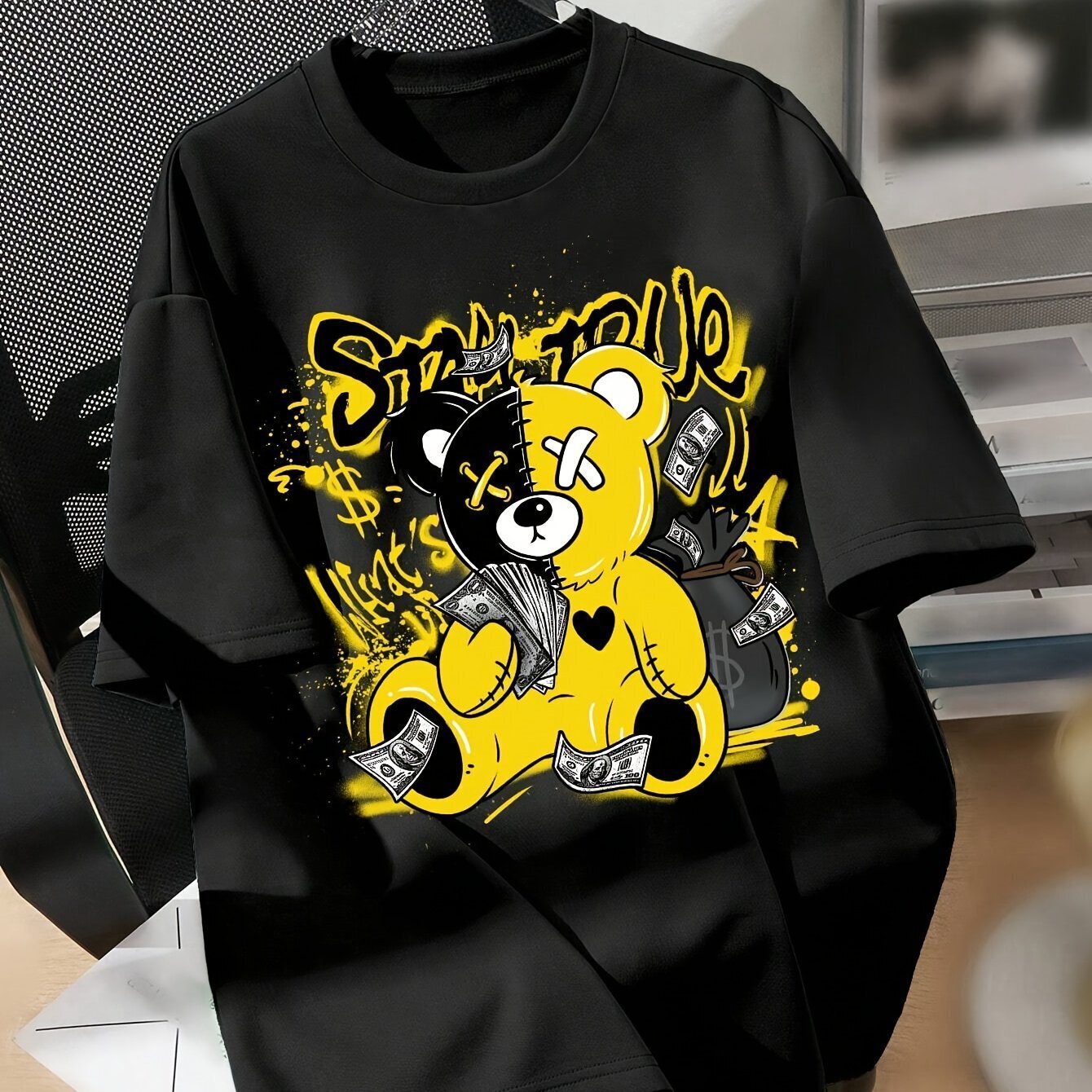 Splicing Bear And Letter Printed Casual T-shirt, Round Neck Loose Top With Dropp gallery