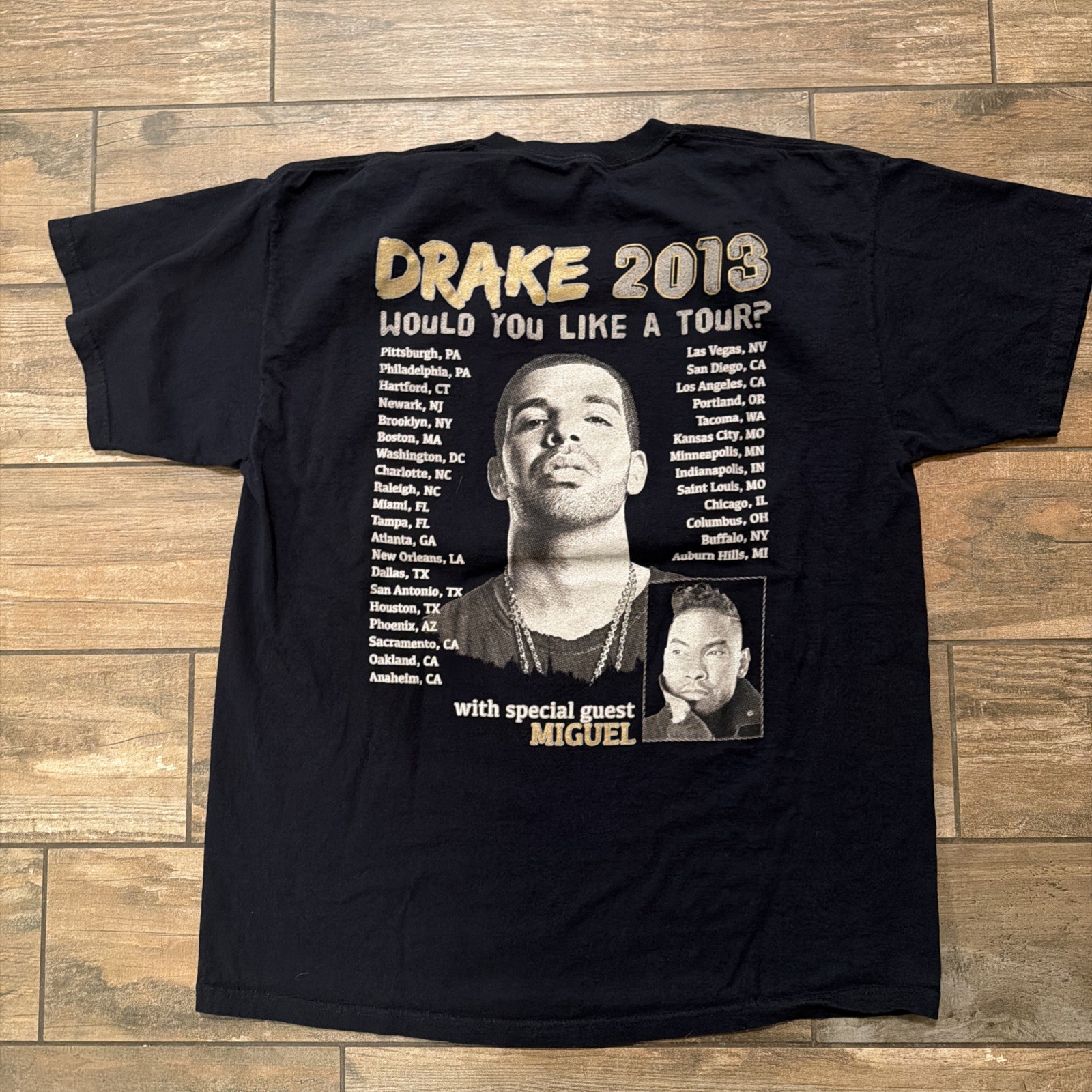 Drake Shirt Would You Like a Tour 2013 Ft Miguel Graphic Concert Tee Size XL gallery