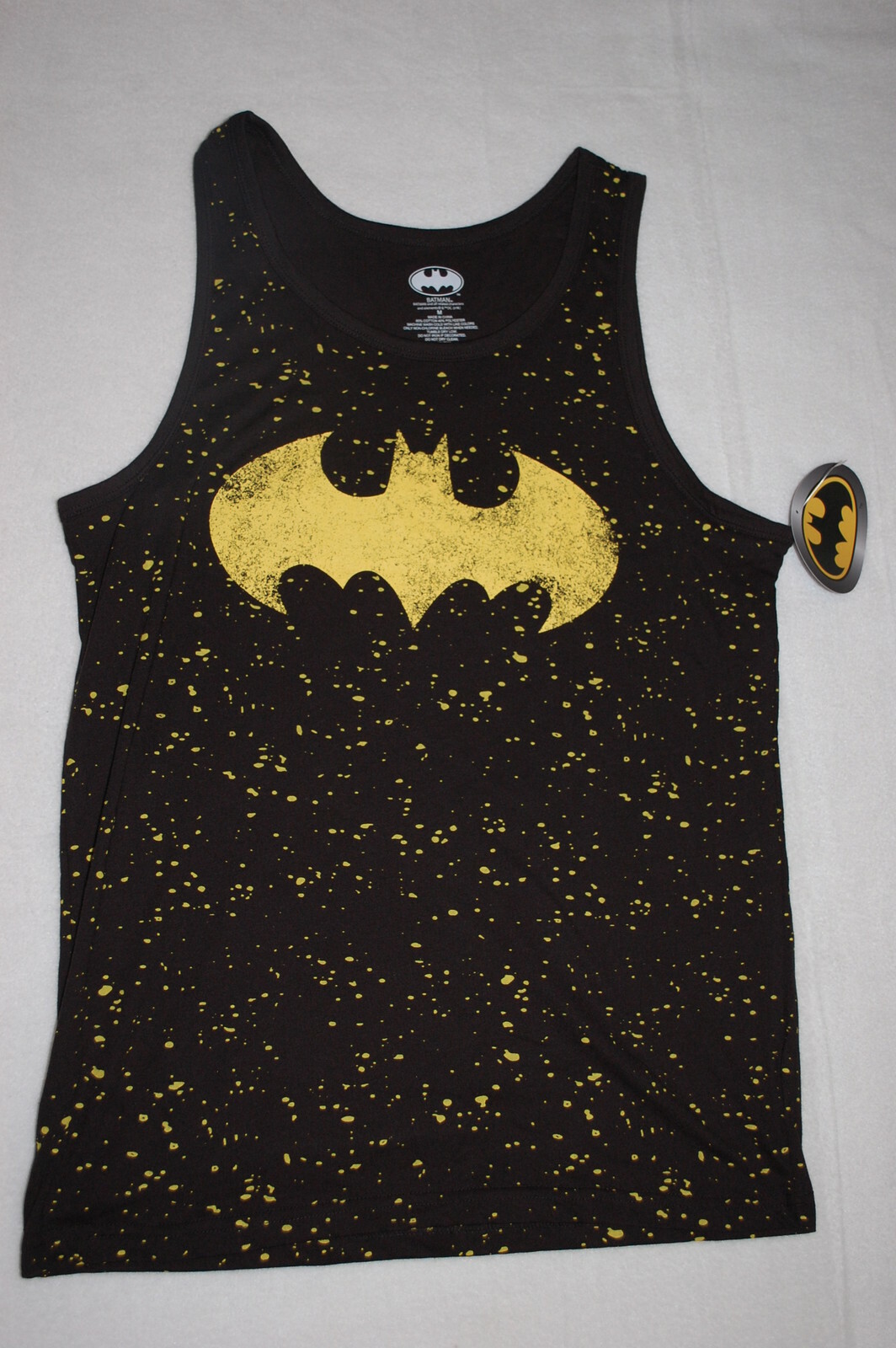 Mens BATMAN TANK TOP Black w/ Yellow Specks CRACKLED LOOK LOGO Size XL
