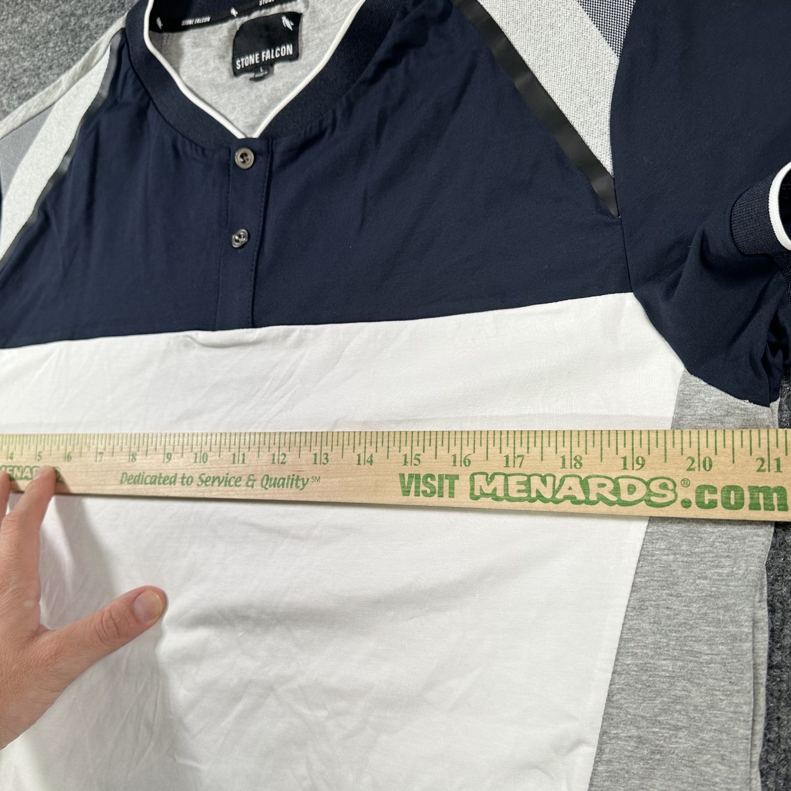 Stone Falcon Shirt Men's Large Navy Gray Henley Blade Collar Stretch Casual Golf gallery