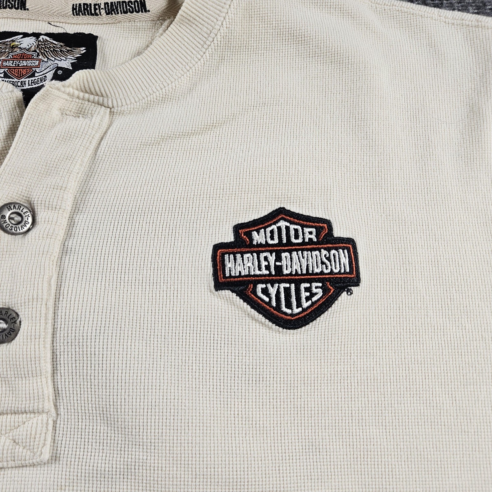Harley-Davidson Shirt Mens Large White Thermal Henley Long Sleeve Biker Tee gallery