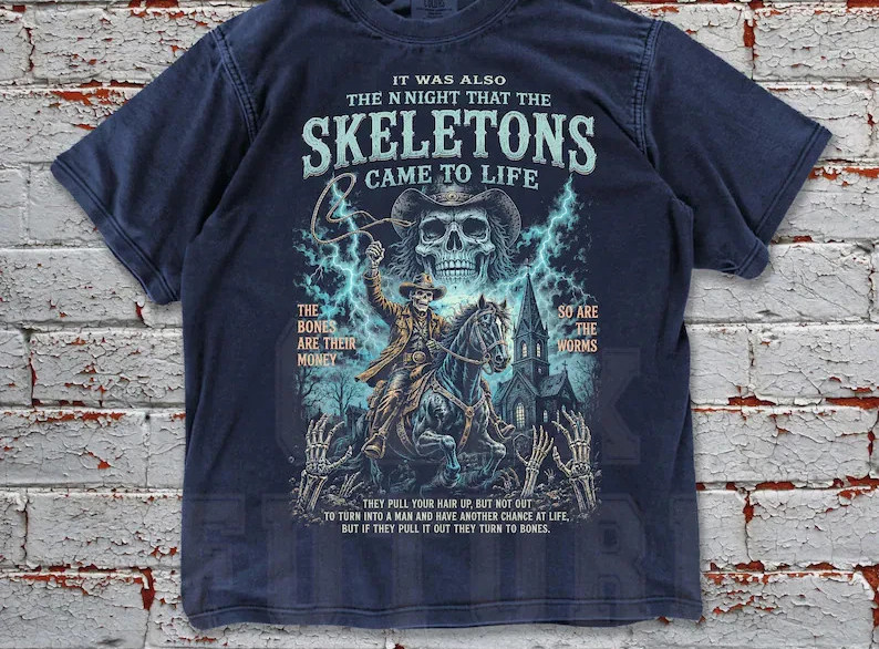 Skeleton Cowboy Shirt, Western Horror Graphic Tee, Night Skeletons Came To Life gallery