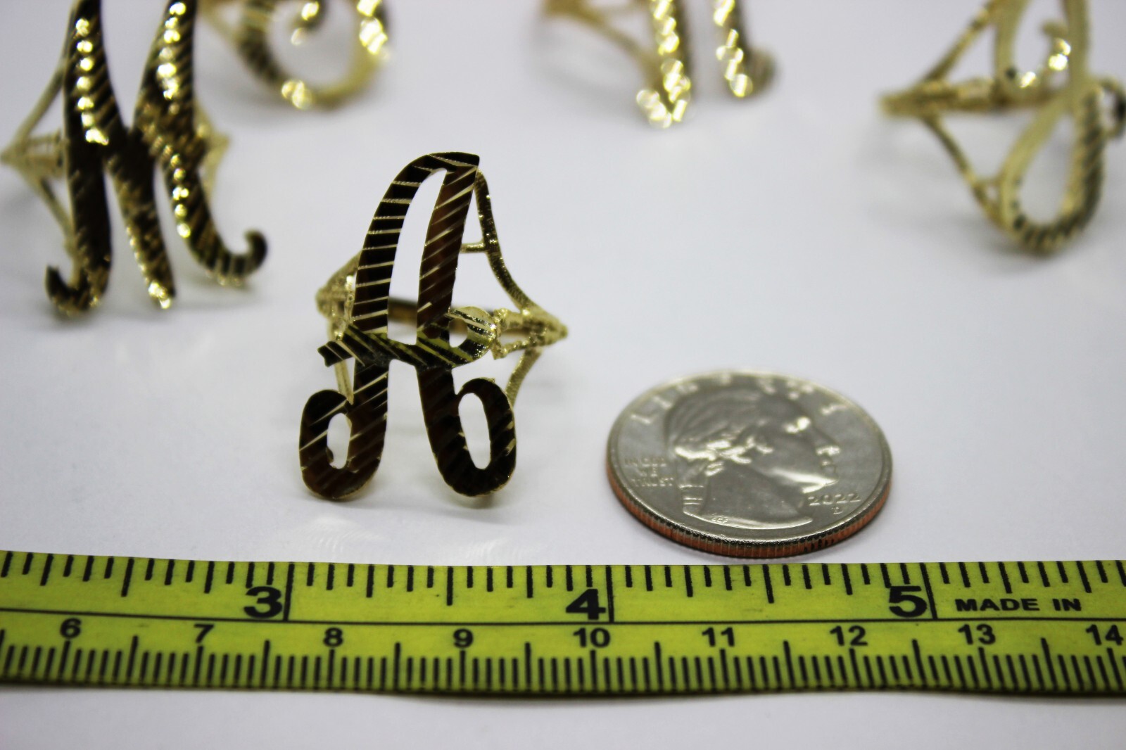 10k Solid Yellow Gold Large Cursive Initial Letter Ring Diamond Cut size 6 ~ 14