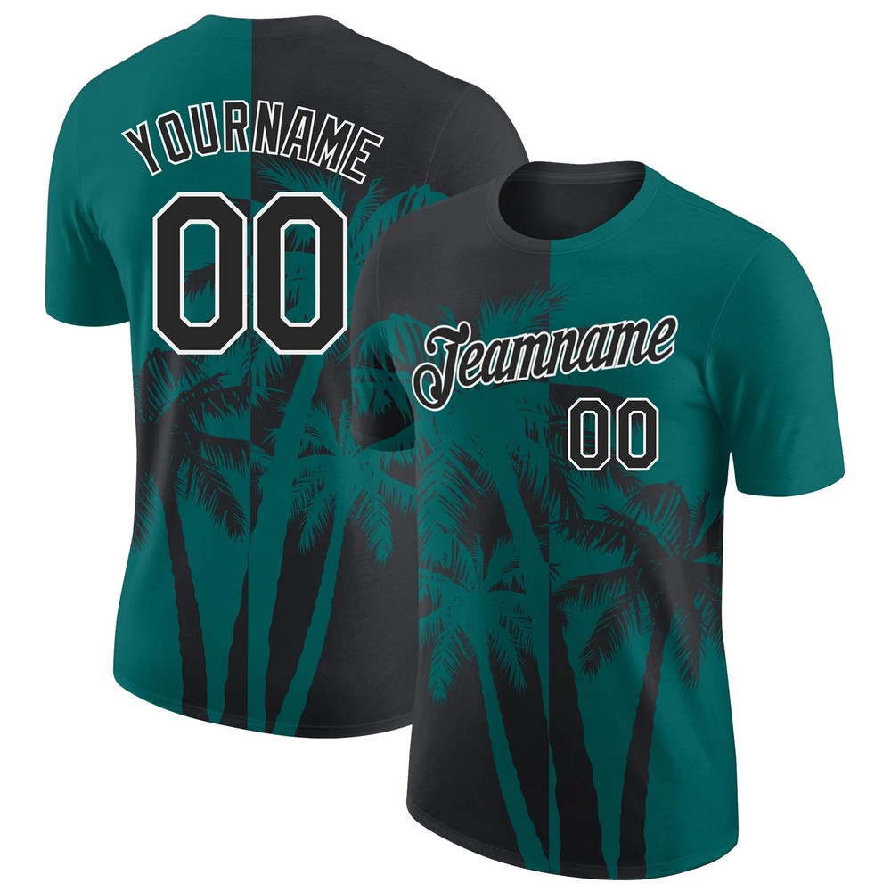Custom Teal Black White Hawaii Palm Tree T-Shirt Tropical Summer Beach Mens Tee
